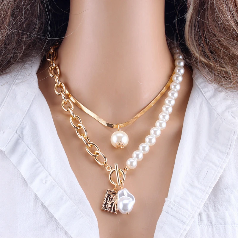 Top Trends: Fashion Chain Pearl Necklace For Women Baroque Pearl Metal Charm Pendant Necklaces Choker Snake Chain Jewelry Gold Silver Color Shoppable Styles