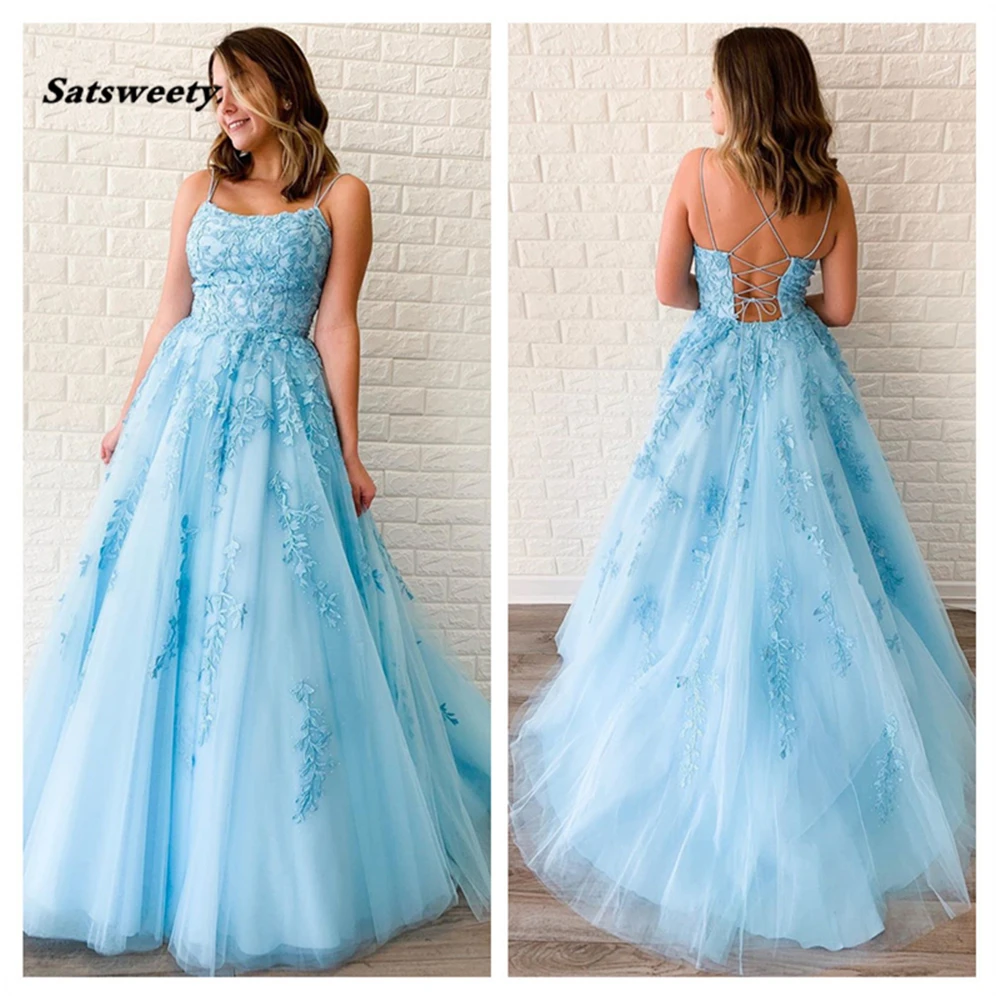 Top Trends: Satsweety Double Spaghetti Straps Tulle Prom Evening Dresses Lace Up With Crystals Appliques A Line Formal Party Gowns For Women Shoppable Styles