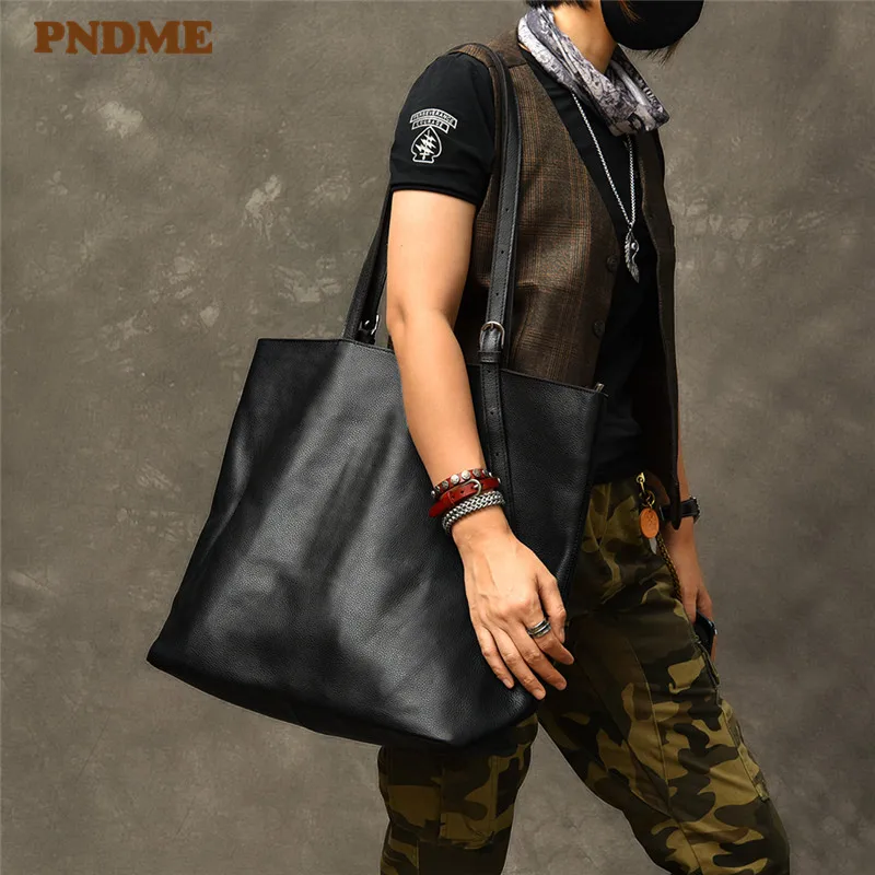 Top Trends: PNDME New Genuine Leather Large Capacity Men&#039;s Tote Bag Fashion Casual Simple High Quality Soft Cowhide Black Shoulder Handbags Shoppable Styles