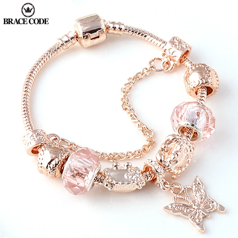 Top Trends: BRACE CODE Rose Golden Butterfly Charm Bracelet With An Crown Beads Fits Fine Bracelet Women Party Jewelry Dropshipping Shoppable Styles