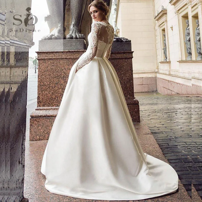 Top Trends: SoDigne Summer Wedding Dress 2023 Long Sleeves A Line Satin African Wedding Gown Pockets Lace Appliques Boho Bride Dresses Shoppable Styles