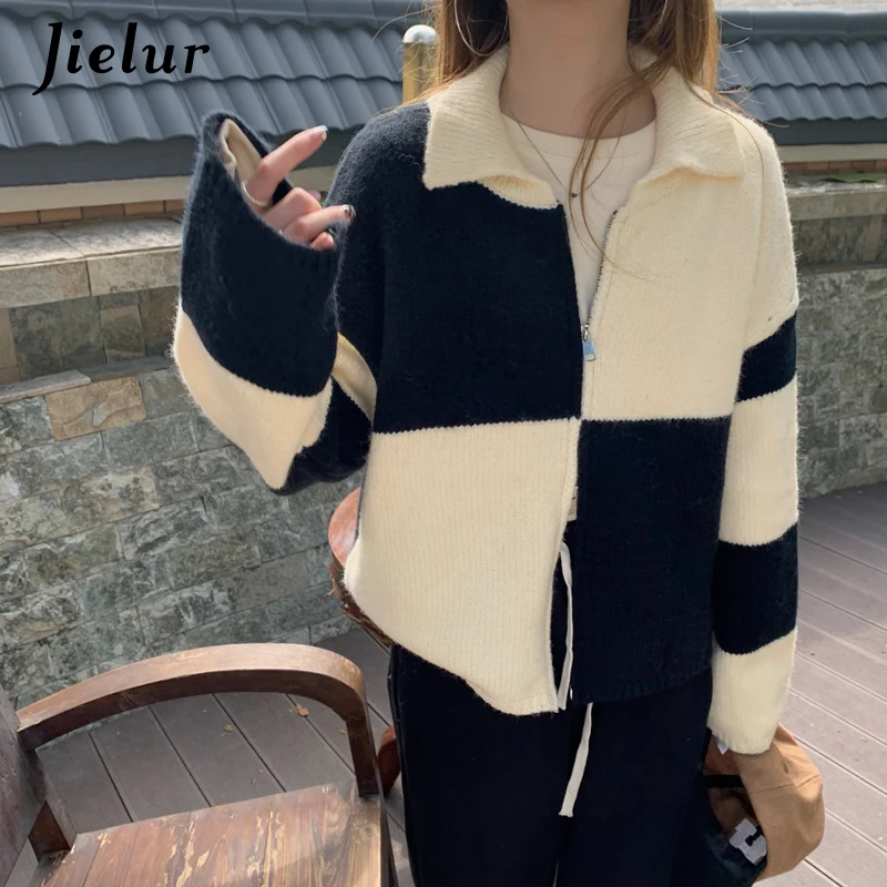 Top Trends: Jielur Creative Double Zipper Women Sweaters Winter Fashion Spell Color Checkerboard Knitted Sweater Female Cardigan Jacket Warm Shoppable Styles