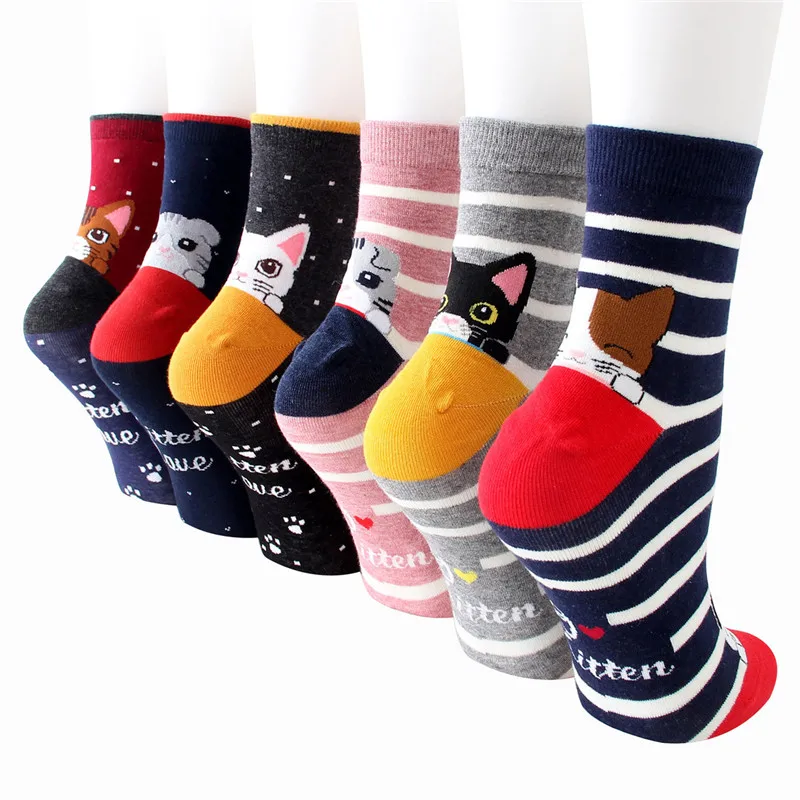 Top Trends: Women Striped Cartoon Socks Autumn Winter Colorful Cat Face Cotton Sock Ladies Female Funny Animal Cotton Sock For Lady Girls Shoppable Styles