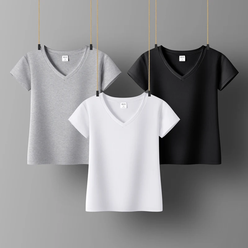 Top Trends: Women Sweetshirts V-neck Shirts For Womens Black White Woman Clothes Short Sleeve Cotton Tees For Girls Basic Tops Shoppable Styles