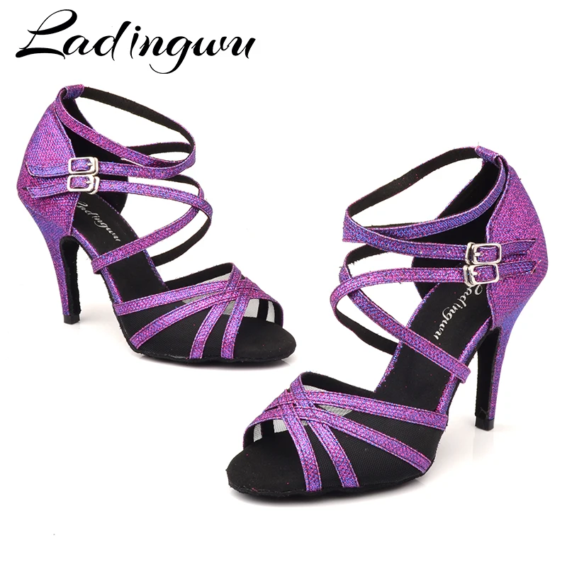 Top Trends: Ladingwu Latin Dance Shoes Purple Flash Cloth Size US 3.5-12 10cm Heel Height Professional Salsa Dance Shoes For Women Shoppable Styles - Image 3