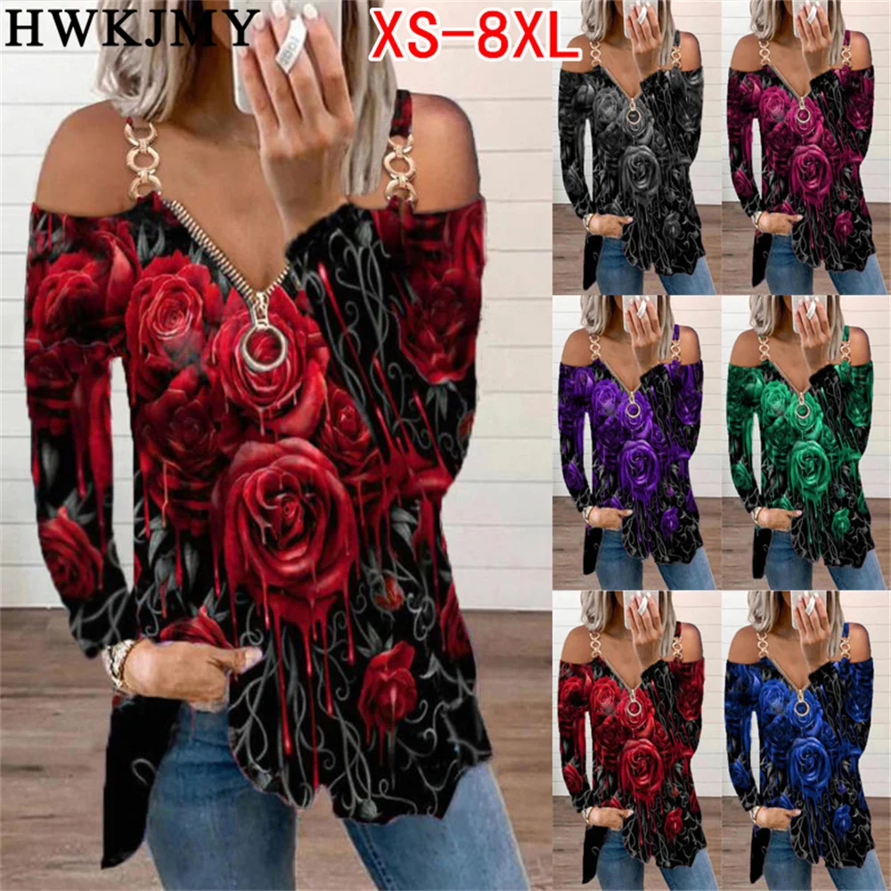 Top Trends: New Fashion Women Luxury Skinny Rose T-Shirt Flower Printed Off-Shoulder Long Sleeve Top Loose Clothing Tee XS-8XL Shoppable Styles