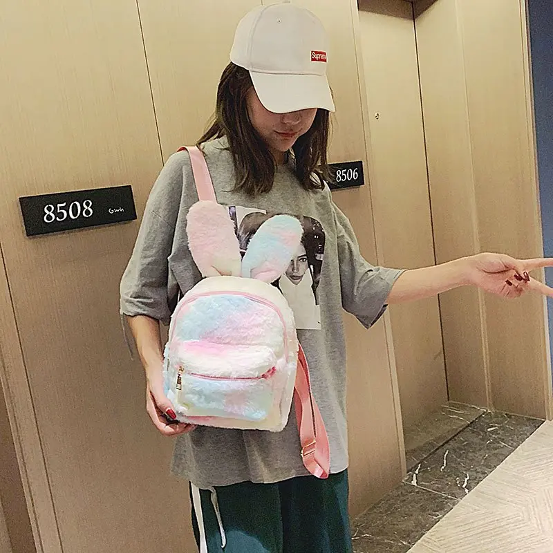 Top Trends: Tie Dye Plush Backpack For Women Rabbit Ears Faux Fur Shoulders Bag Cute Furry Mini Backpacks Girl Fluffy Bag 2021 Winter New Shoppable Styles