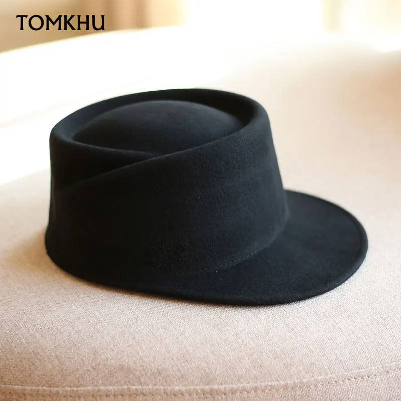 Top Trends: Winter Fedora Hat For Women Korean Flat Top Navy Wool Hat British Casual Black Gray Khaki Equestrian Hat Fashion High Quality Shoppable Styles