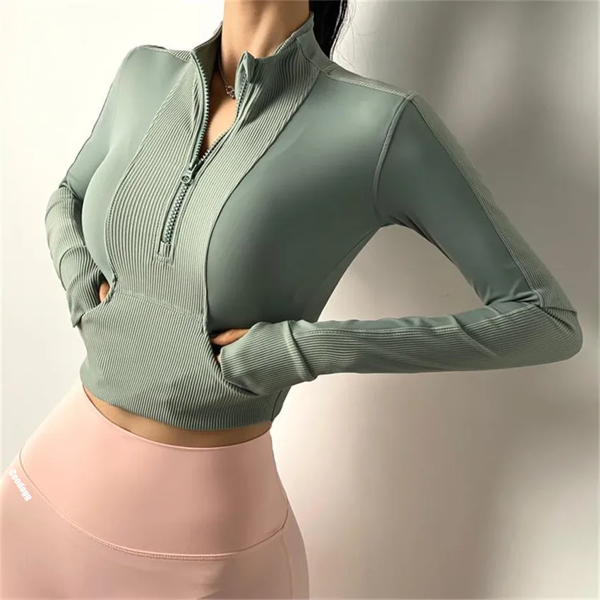 Top Trends: 2024 Nylon Long Sleeve Crop Top Yoga Shirts Sport Gym Workout Pocket Quick Dry Jacket Outfit Wear Shoppable Styles