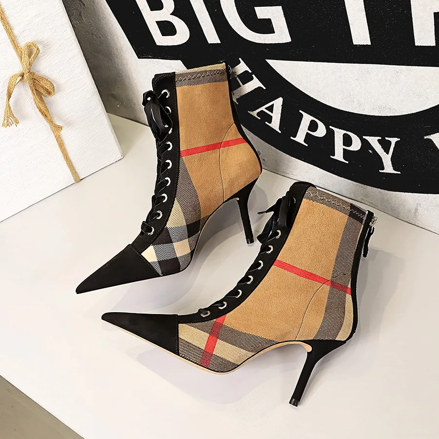 Top Trends: Hot Plaid Patchwork Flock Leather Boots Women's Fashion 8cm High Heels Ankle Pumps Pointed Toe Lace-Up Casual Ladies Short Boots Shoppable Styles