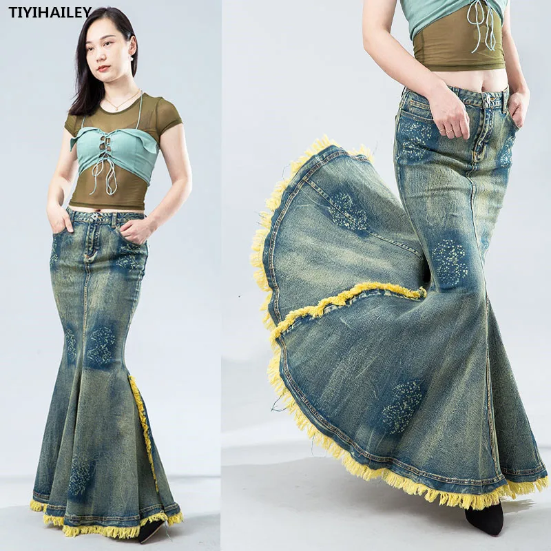 Top Trends: TIYIHAILEY 2022 Fashion Long Maxi Denim Skirt For Women Mermaid Style Fish Tail High Waist Tassels S-XL Stretch Shoppable Styles