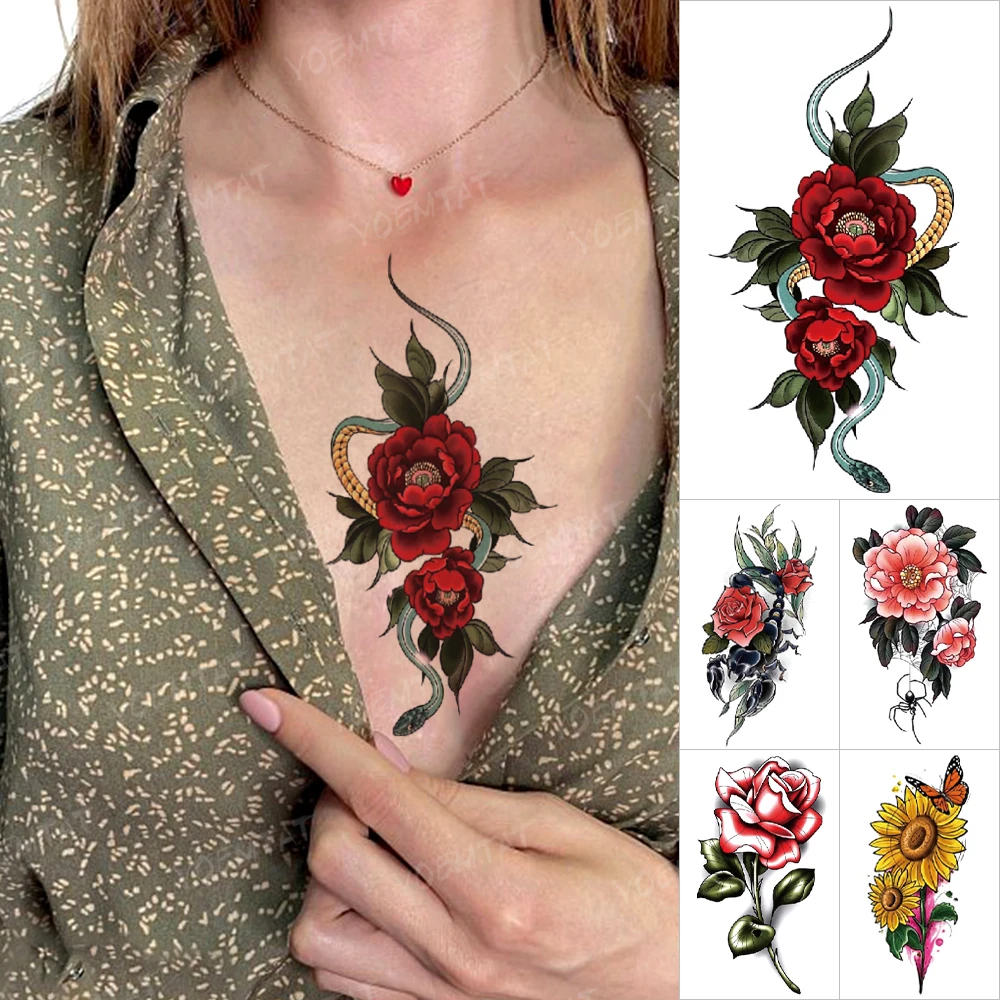 Top Trends: Realistic Water Transfer Temporary Tattoo Sticker Snake Rose Sunflower Woman Sexy Chest Arm Body Art Tattoo Kid Shoppable Styles