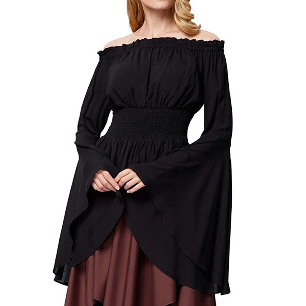 Top Trends: Vintage Women Medieval Renaissance Blouse Long Flare Sleeves Ruffled Off Shoulder Shirt Slim Tunic Tops Cosplay Costume Corset Shoppable Styles