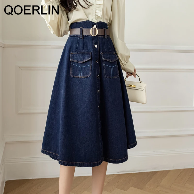 Top Trends: QOERLIN Skirt With Belted 2022 New Vintage Women's Denim Skirt High Waist Jeans Skirt Female Chic A-line Pocket Skirt A-Line Shoppable Styles - Image 5