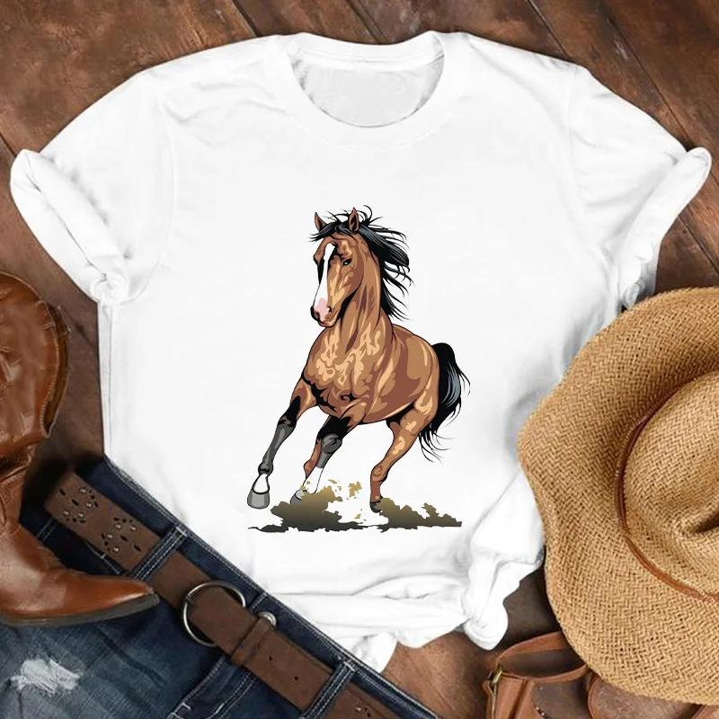 Top Trends: Cartoon Running Horse Pattern Womens Tshirt Fashion O-Neck Female T-shirts Basic White T Shirts Summer Top Lady Tee Shirt 2021 Shoppable Styles