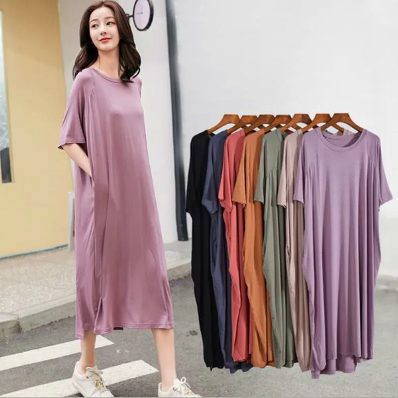 Top Trends: 100 Kg Wear Night Dress Women Short Sleeve Modal Cotton Nightshirt Female Loose Long Nightgowns Women&#039;s Home Clothes With Pocket Shoppable Styles