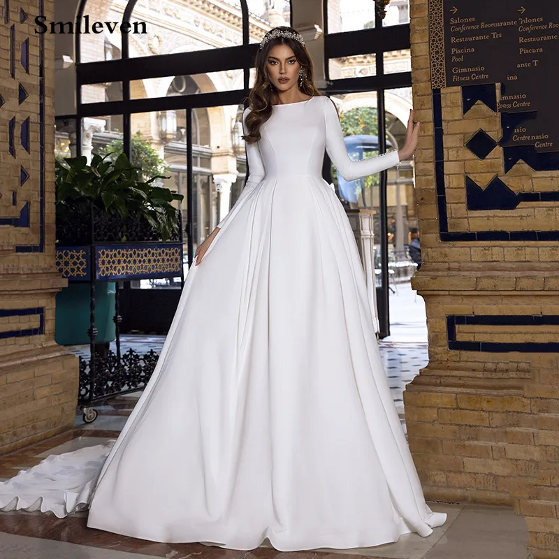 Top Trends: Smileven Satin Princess Wedding Dresses Long Sleeve Backless Caftan Elegant Bride Dress Vestido De Noiva Muslim Wedding Gowns Shoppable Styles