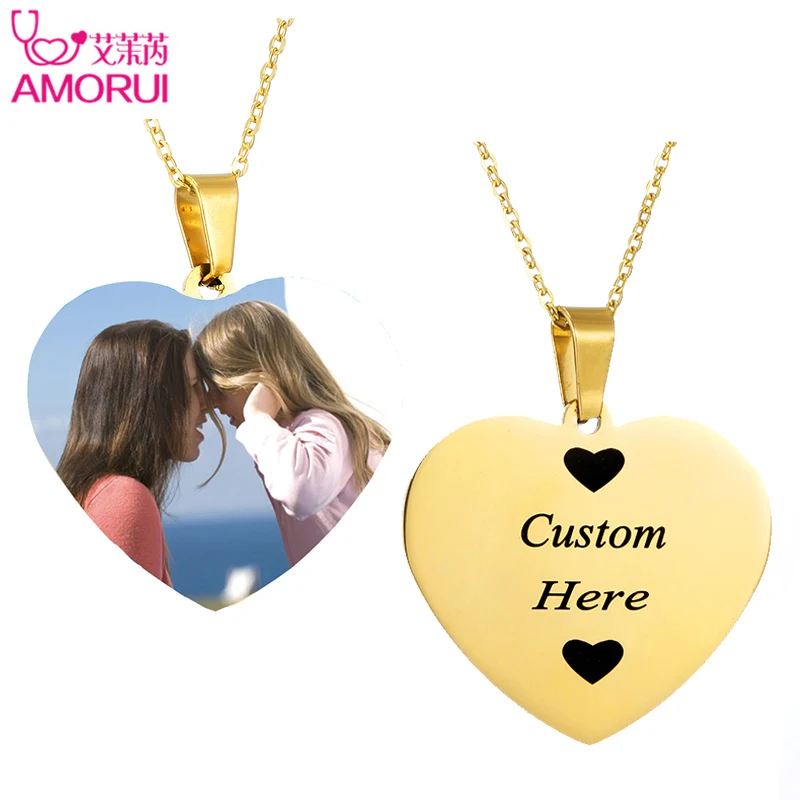 Top Trends: AMORUI Customized Necklaces Engrave Photo Name Necklace Stainless Steel Heart Pendant Chain Necklace Jewelry For Women& Men ID Shoppable Styles