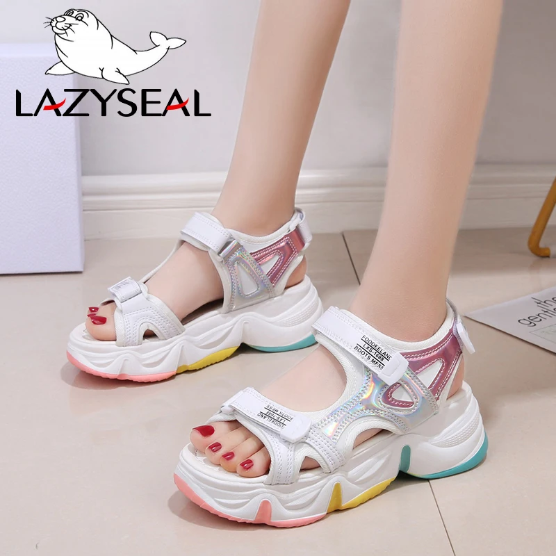 Top Trends: LazySeal Platform Sandals Female Summer 2020 Women Thick Bottom Rainbow Sole Hook & Loop Shoe Wedge With Open Toe Platform Shoes Shoppable Styles