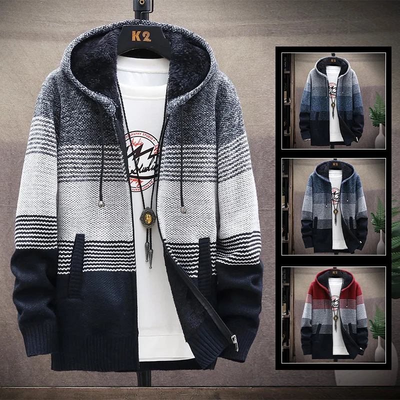 Top Trends: Men's Fleece Cardigan Hooded Jacket Winter Sweater Jumper Zip Knitwear Fashion Striped Wool Thick Warm Sweaters Coat Cold Blouse Shoppable Styles