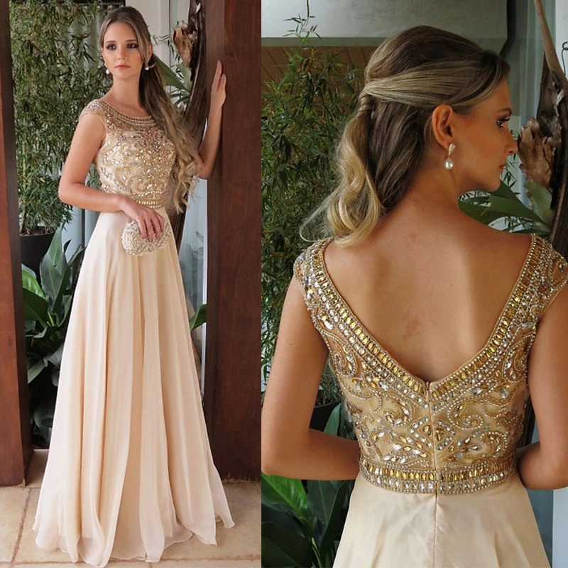 Top Trends: On Sale 2023 Latest Nude Long Prom Party Dresses Cap Sleeves Crystal Beading Bodice Jewel Neck Wedding Guest Gowns Back Out Shoppable Styles