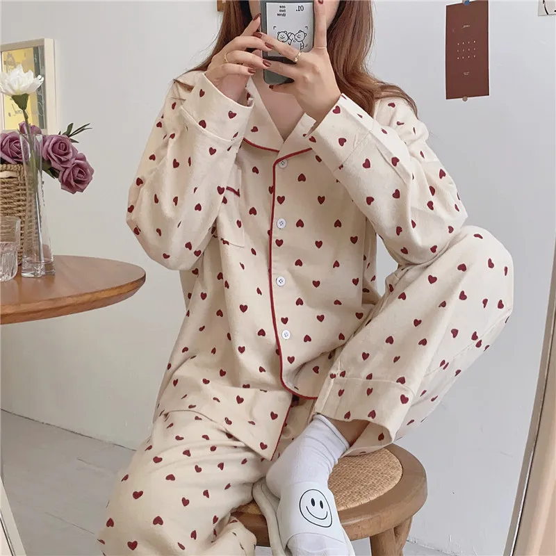 Top Trends: Heart Print Home Suit Loose Cotton Casual Sleepwear Korean Pajamas Set Trousers Harajuku Home Clothes Kawaii Single Breasted Top Shoppable Styles