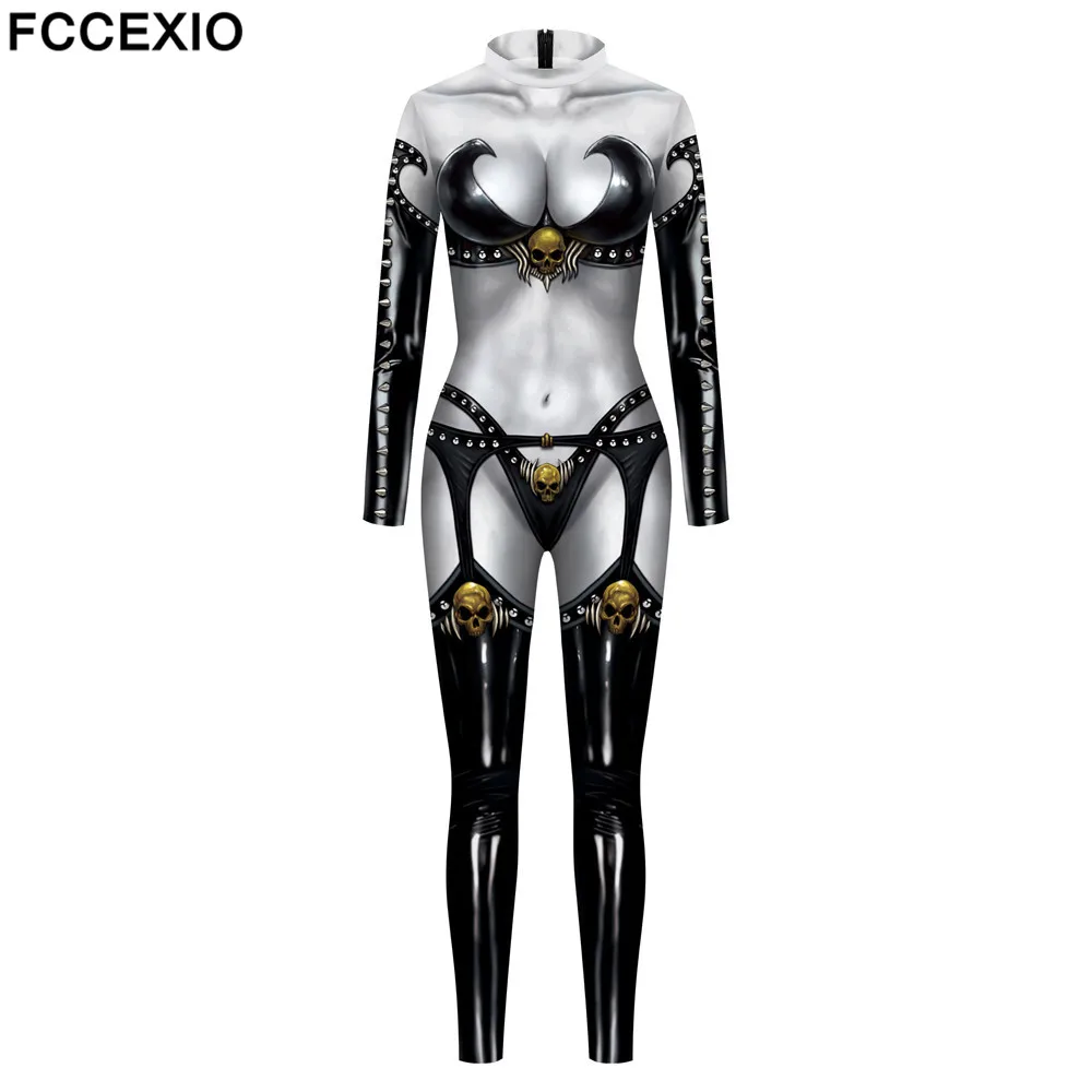 Top Trends: FCCEXIO Women Lady Death Print Halloween Carnival Adult Dress Spandex Jumpsuit Long Sleeve Cosplay Onesie Outfits Shoppable Styles