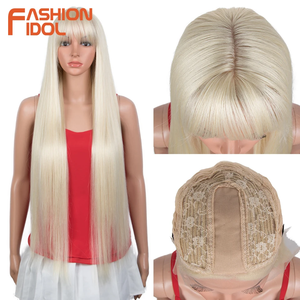 Top Trends: FASHION IDOL 32-36 Inch Long Straight Non Lace Wigs For Women High Temperature Fiber Ombre 613 Cosplay Wigs Synthetic Hair Bangs Shoppable Styles