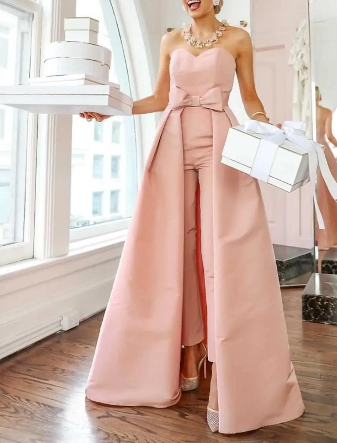 Top Trends: Pink Jumpsuits Evening Dresses Formal Occasion Dresses Beautiful Back Sexy Engagement Sweetheart Sleeveless Detachable Bow Train Shoppable Styles