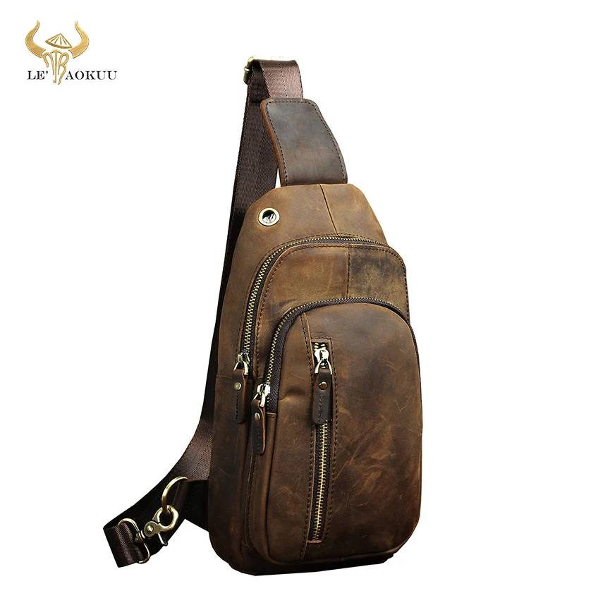 Top Trends: Men Original Leather Casual Fashion Chest Sling Bag Brown Design Travel Triangle One Shoulder Cross Body Bag Daypack Male 8005-d Shoppable Styles