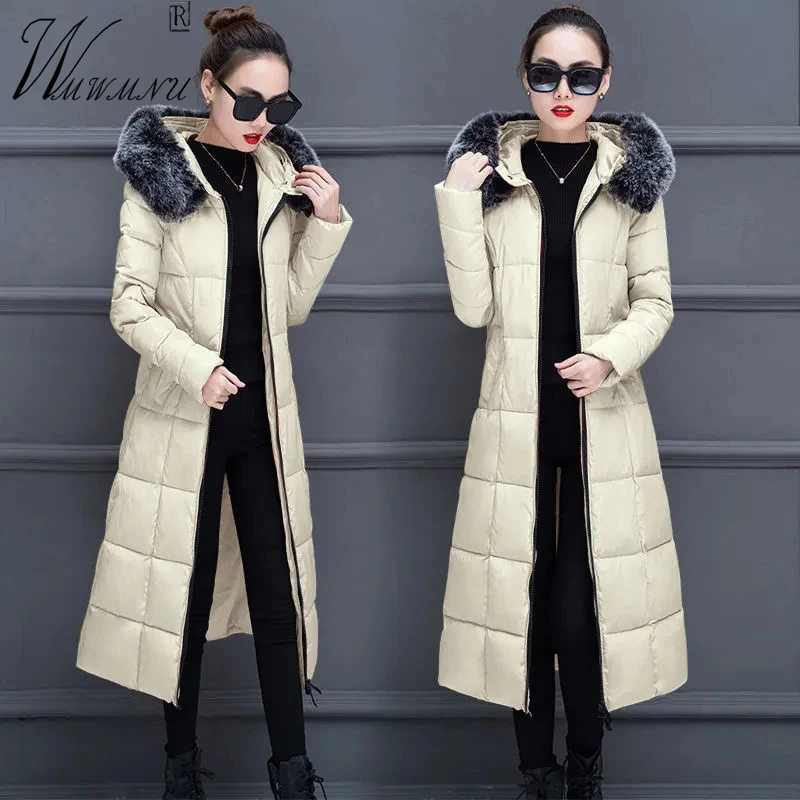 Top Trends: Faux Fur Collar Hooded Winter Coats Women Elegant Slim Long Parkas Snow Warm Quilted Jacket Korean Zip Windproof Padded Overcoat Shoppable Styles