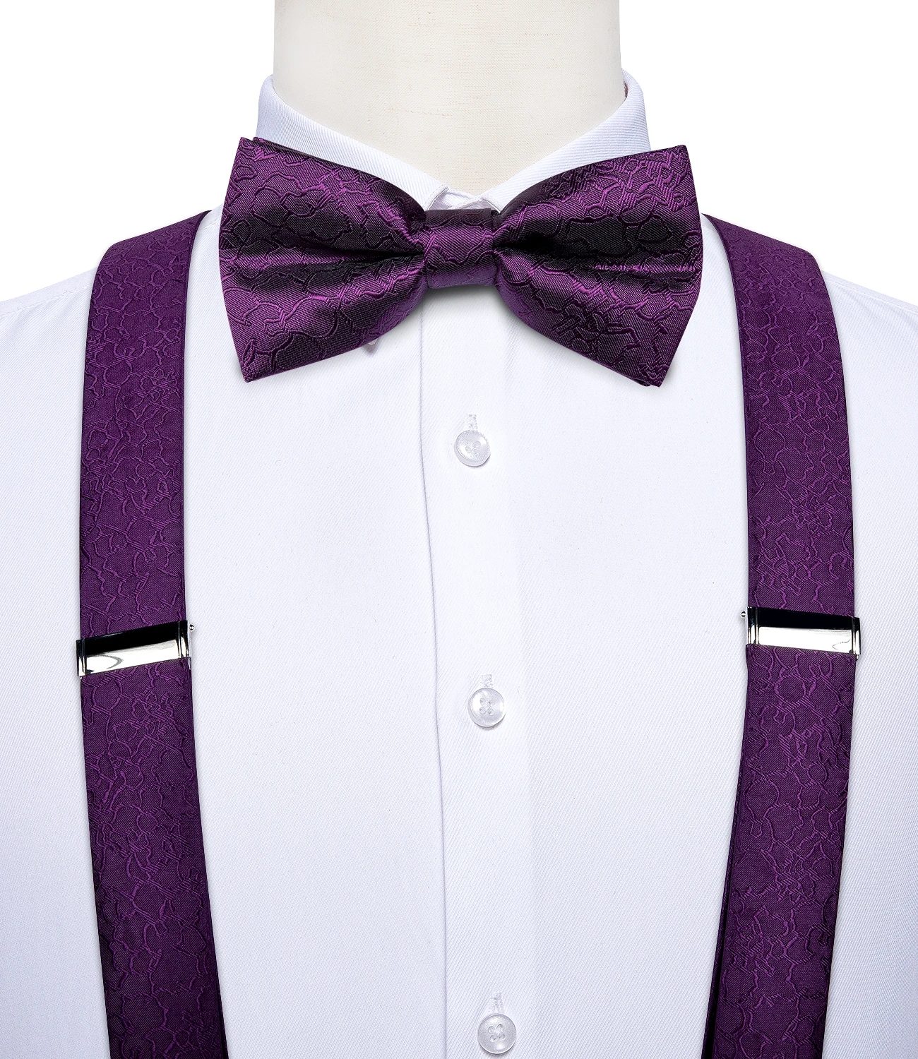 Top Trends: DiBanGu Luxury Purple Silk Men&#039;s Suspenders Leather Metal 6 Clips Adjustable Braces Pre-Tied Bow Tie Pocket Square Set #4008 Shoppable Styles