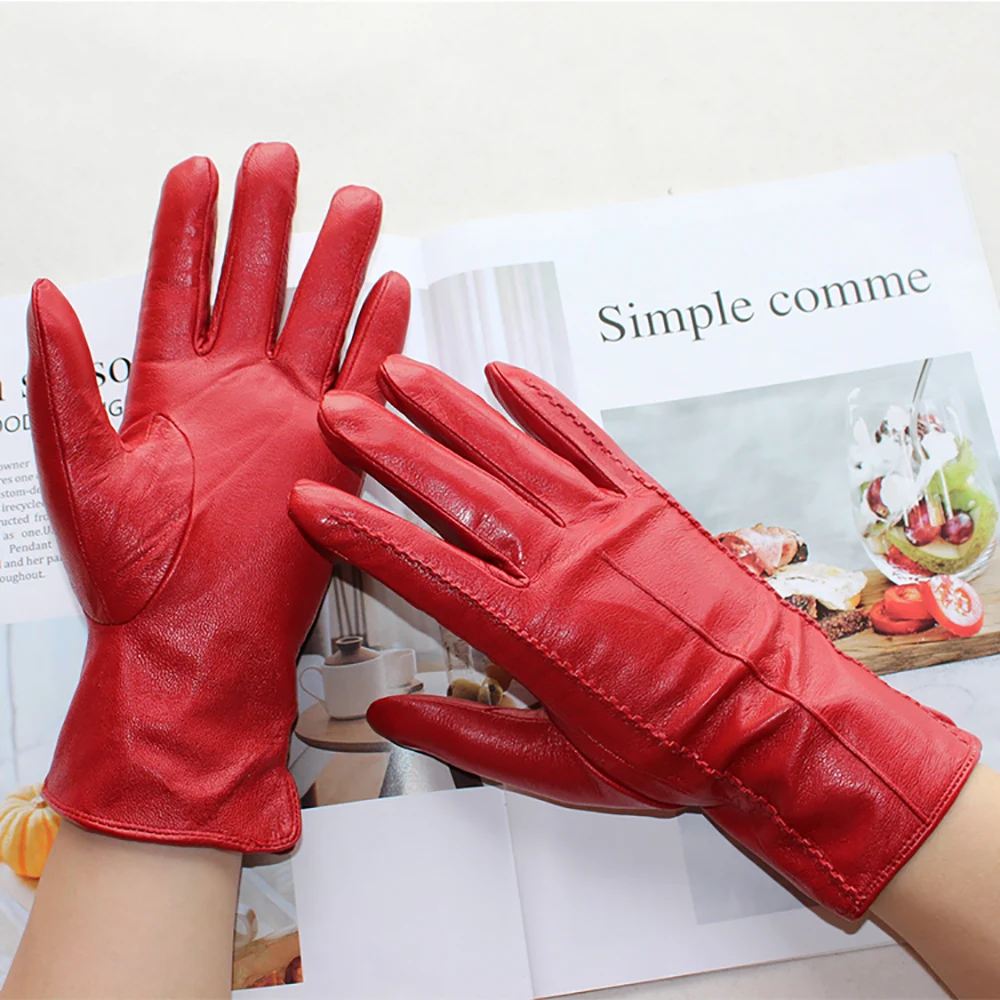 Top Trends: New Women Color Leather Gloves Striped Style Velvet Lining Autumn And Winter Warm High Quality Sheepskin Gloves Shoppable Styles - Image 4