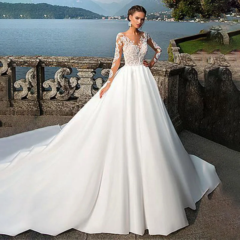 Top Trends: SoDigne Simple Boho A-Line Wedding Dresses Satin V-Neck Lace Appliques Long Sleeves Bridal Dress Wedding Gown Shoppable Styles