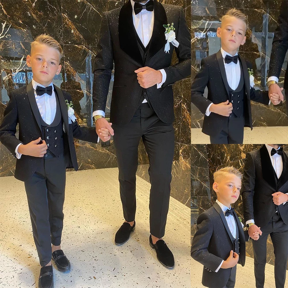 Top Trends: Black Sequined Boy Formal Suits Dinner Tuxedos Little Boys Groomsmen Kids For Wedding Party Evening Suit Wear (Jacket+ Vest+ Pant) Shoppable Styles