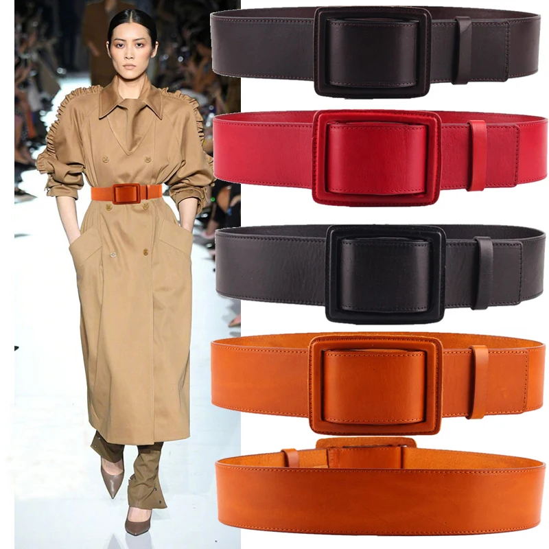 Top Trends: Western Cow Leather Square Buckle Women Cummerbunds Fashion Genuine Leather Dress Thick Coat Women Wide Belt Shoppable Styles