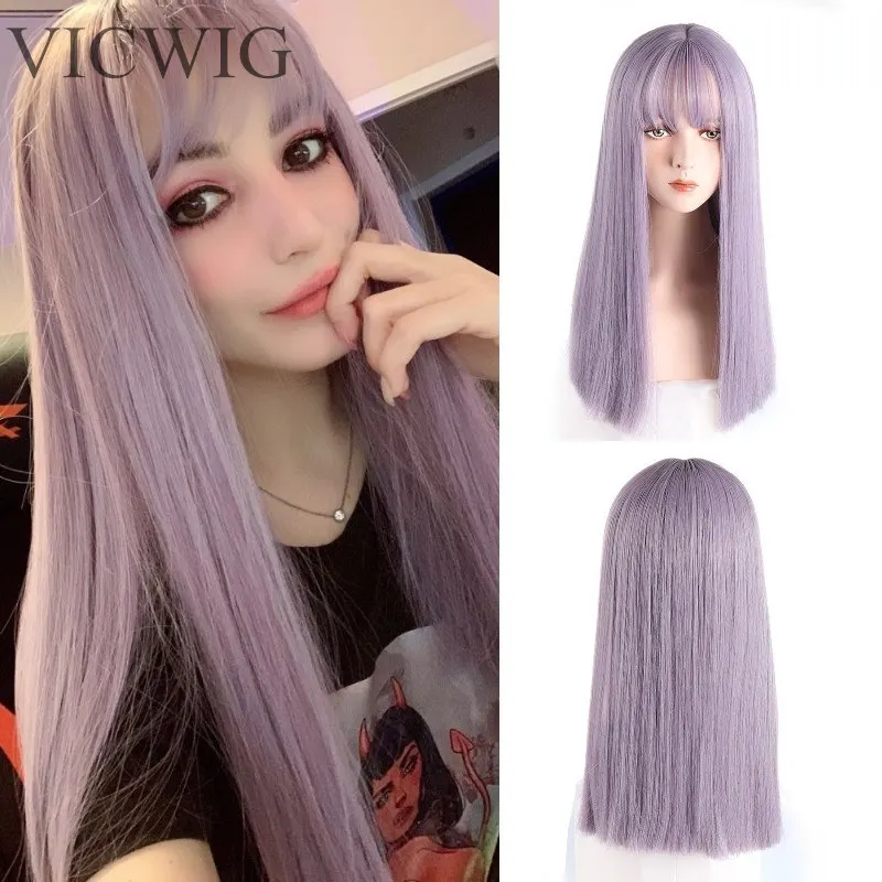 Top Trends: VICWIG Synthetic High Temperature Fiber Long Straight Wigs For Women Purple Gray Green Cosplay With Bangs Natural Hairpieces Shoppable Styles