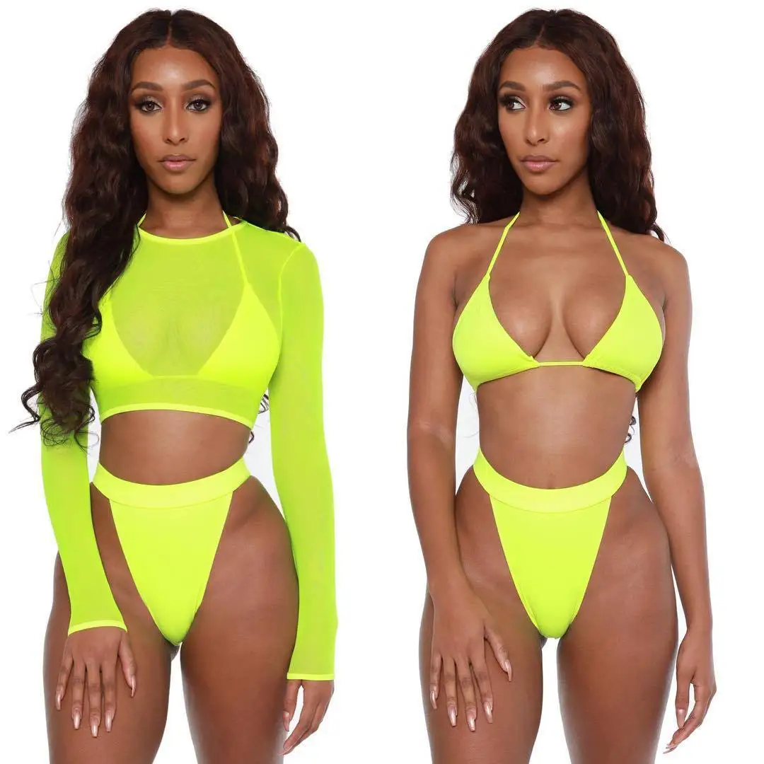 Top Trends: 2022 Neon Yellow Crop Top Swimwear Women Summer Sexy Beachwear Mesh Long Sleeve Cover Ups Top Three Piece Swimsuit Bikini Set Shoppable Styles