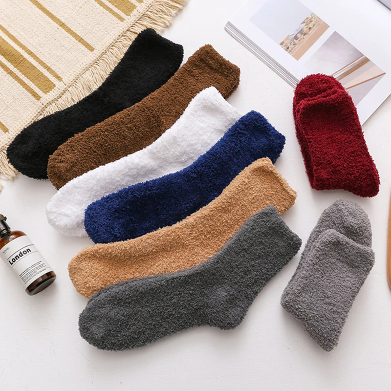 Top Trends: Fashion Coral Velvet Men's Socks Thicken Long Socks Unisex Solid Warm Thick Socks Crew Sleep Floor Calcetines Meias Shoppable Styles