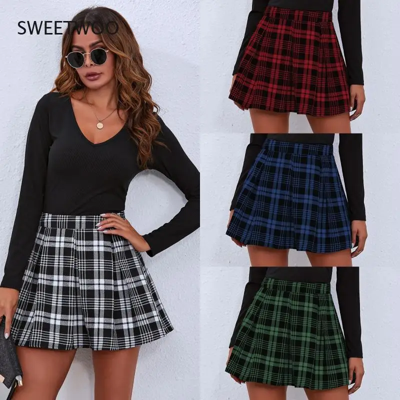 Top Trends: 2021 Women's New Spring And Summer Retro High Waist Black And White Gray Red Green Blue Pleated Plaid Skirt Shoppable Styles