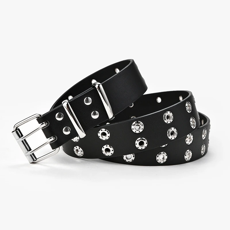 Top Trends: Fashion Men Women Punk Style Belt Adjustable Black Double Eyelet Grommet Metal Buckle Leather Waistband For Jeans Shoppable Styles - Image 2