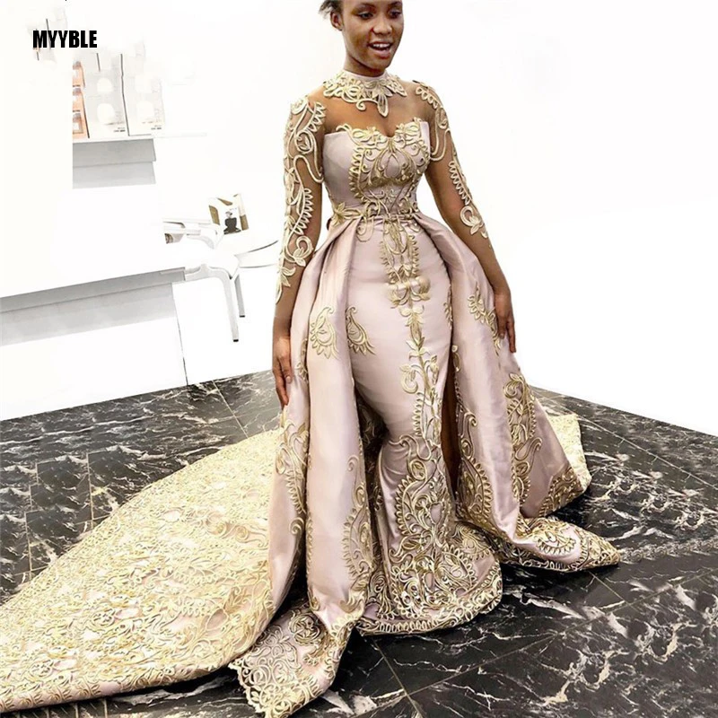 Top Trends: MYYBLE 2021 Gold Lace 2 Piece Evening Gowns Mermaid Long Prom Gowns See Thru Full Sleeves Formal Dresses Robe De Soiree Shoppable Styles