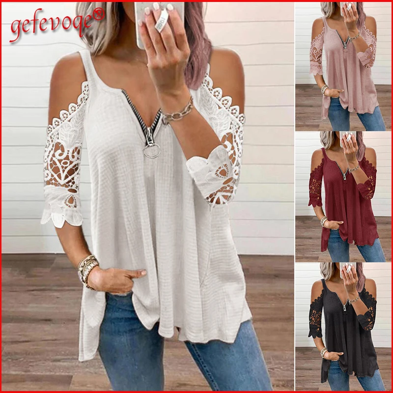 Top Trends: Summer Ladies Lace Off Shoulder Petal Zipper Boho T-Shirt Women Oversize Hollow Out Top V-Neck Loose Casual Half Sleeve Tunic Shoppable Styles