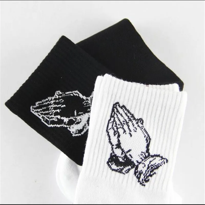 Top Trends: Fashion Skate Cotton Crew Socks Of Virgin Mary Gesture Pattern For Men Women Hip Hop Funny Novelty White Black Funky Shoppable Styles