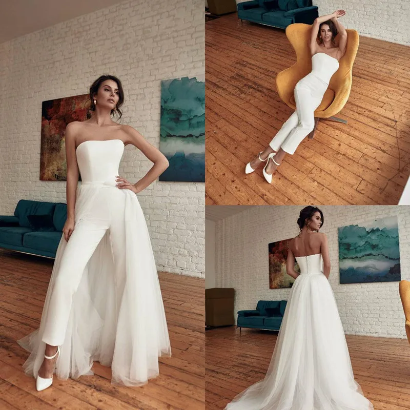 Top Trends: Strapless Wedding Jumpsuit With Detachable Train Summer Holiday Beach Bohemian Bride Dress With Pant Suit Custom Made Party Shoppable Styles