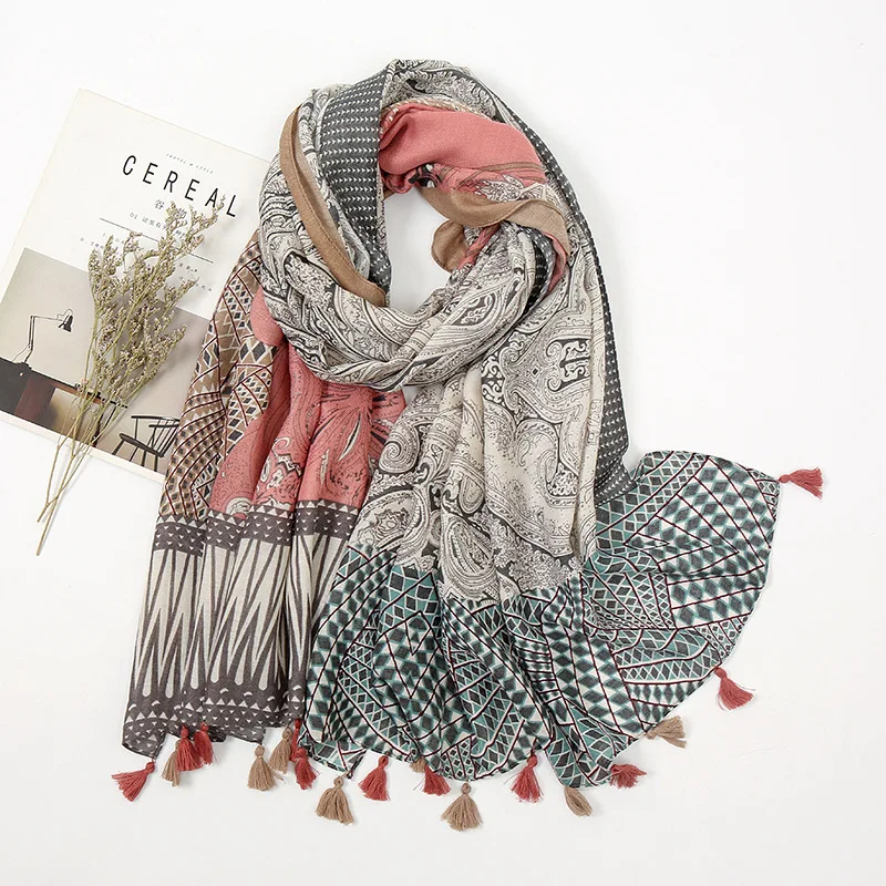 Top Trends: Women Fashion Aztec Cashew Floral Tassel Viscose Shawl Scarf Lady High Quality Wrap Pashmina Stole Bufanda Muslim Hijab 180*90Cm Shoppable Styles