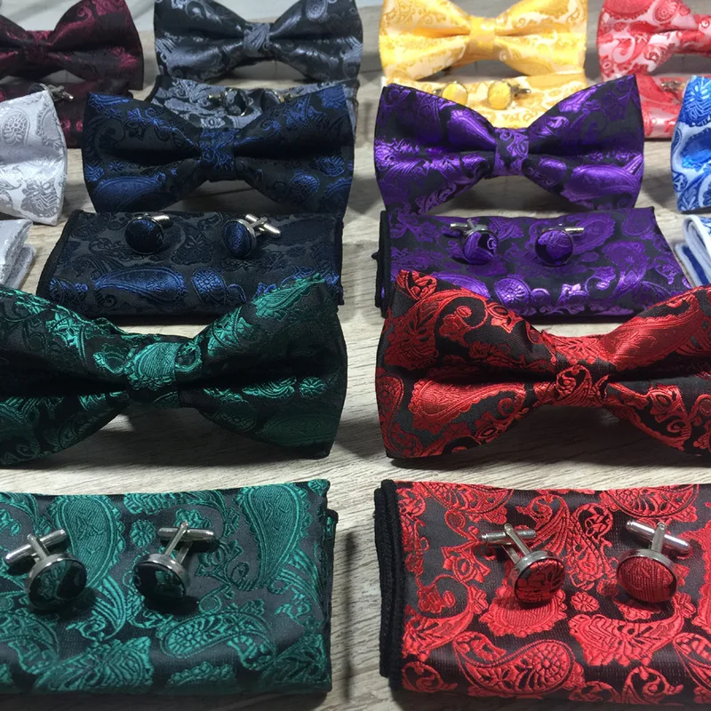 Top Trends: Fashion Three-piece Bowtie Hanky Sleeve Button Set Men&#039;s Tie Pocket Square Cufflinks Suit Paisley Cashew Cravat Shoppable Styles