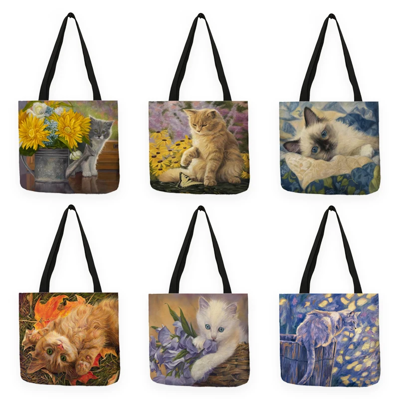 Top Trends: B13034 Cute Cat Oil Painting Print Designer Handbag For Women Lady Shoulder Bags Large Capacity Shopping Bag Totes Reusable Shoppable Styles