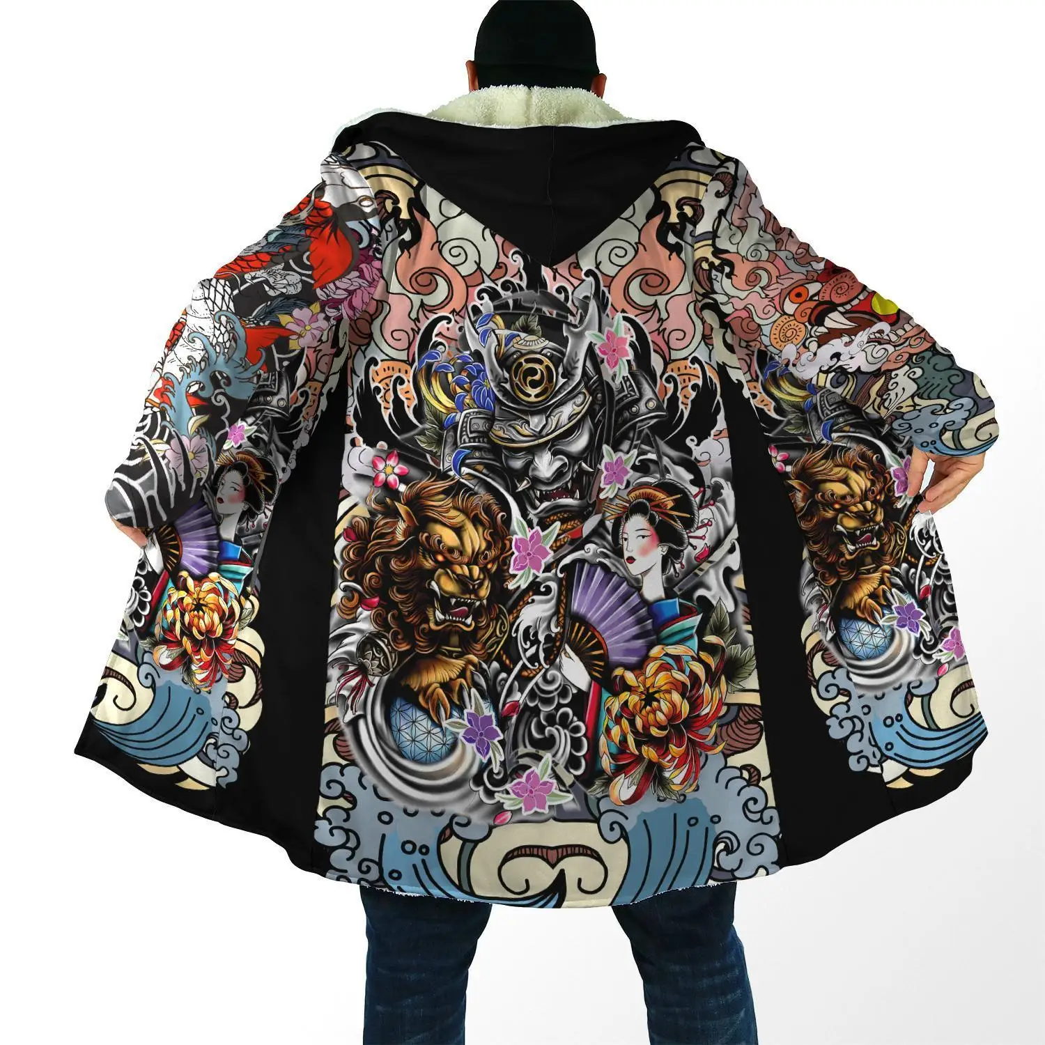 Top Trends: Winter Fashion Mens Cloak Samurai Geisha And Lion Tattoo 3D Printing Thick Fleece Hood Cloak Unisex Casual Warm Cape Coat DP07 Shoppable Styles