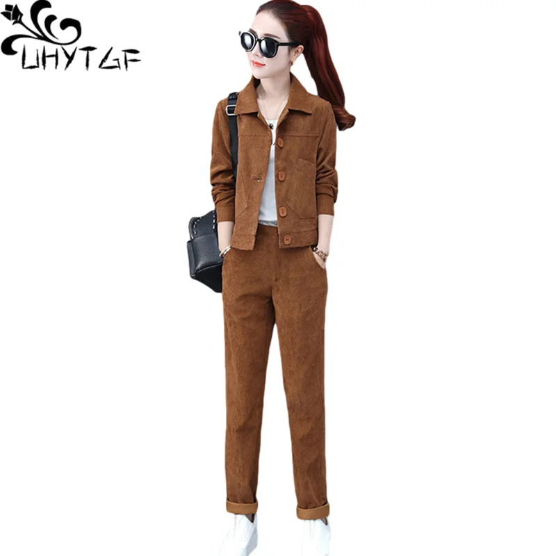 Top Trends: UHYTGF Corduroy Autumn Two-Piece Set Women Single-Breasted Short Top+ Pants Female Suit Casual Loose 3XL Big Size Tracksuit 1999 Shoppable Styles